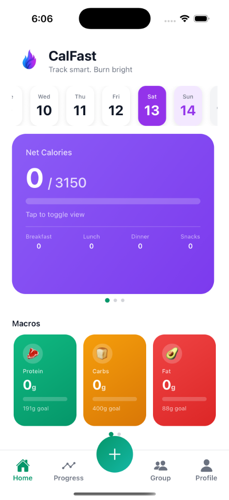 CalFast App Home Screen